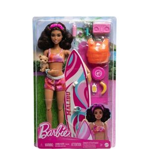 NEW!!! Barbie Doll with Surfboard and Puppy, Poseable Brunette Barbie Beach Doll